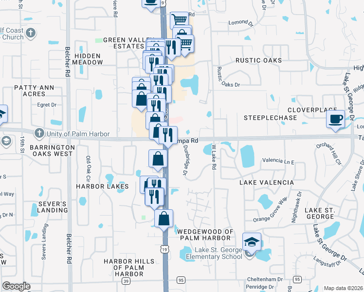 map of restaurants, bars, coffee shops, grocery stores, and more near 105 Dunbridge Drive in Palm Harbor
