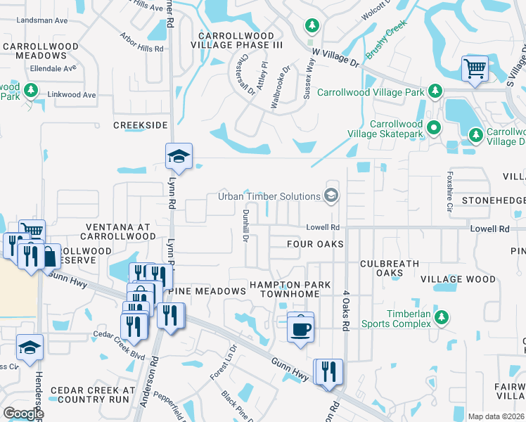 map of restaurants, bars, coffee shops, grocery stores, and more near 12842 Dunhill Drive in Tampa