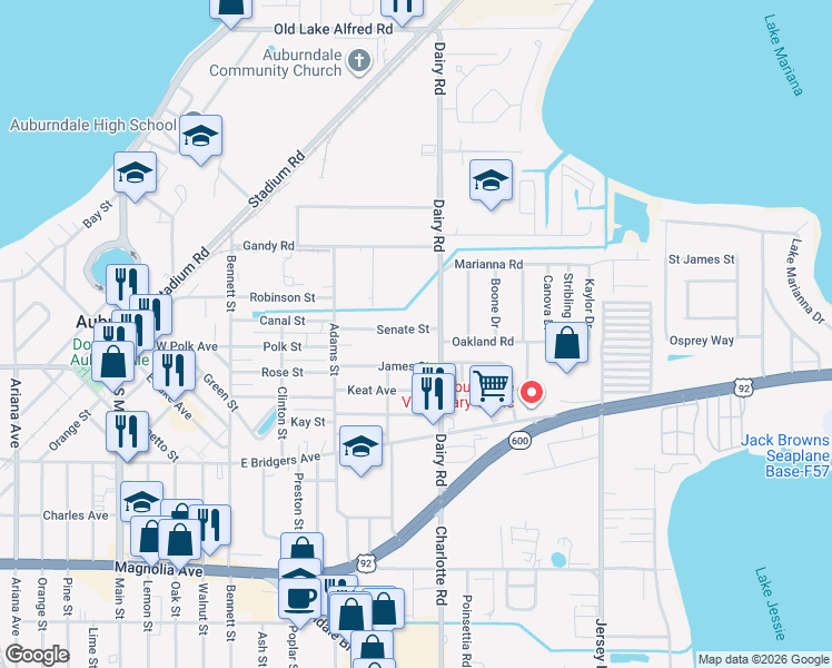 map of restaurants, bars, coffee shops, grocery stores, and more near 418 Senate Street in Auburndale