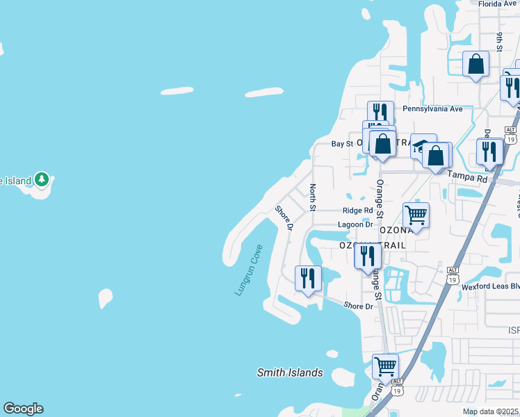 map of restaurants, bars, coffee shops, grocery stores, and more near 132 Harbor Drive in Palm Harbor