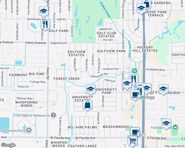 map of restaurants, bars, coffee shops, grocery stores, and more near 608 Dartmouth Avenue in Melbourne