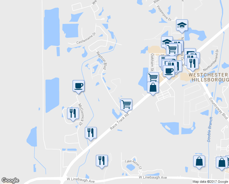 map of restaurants, bars, coffee shops, grocery stores, and more near 12517 Silverdale Street in Tampa