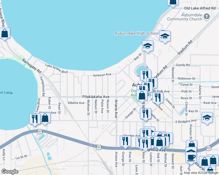 map of restaurants, bars, coffee shops, grocery stores, and more near 119 Noxon Street in Auburndale