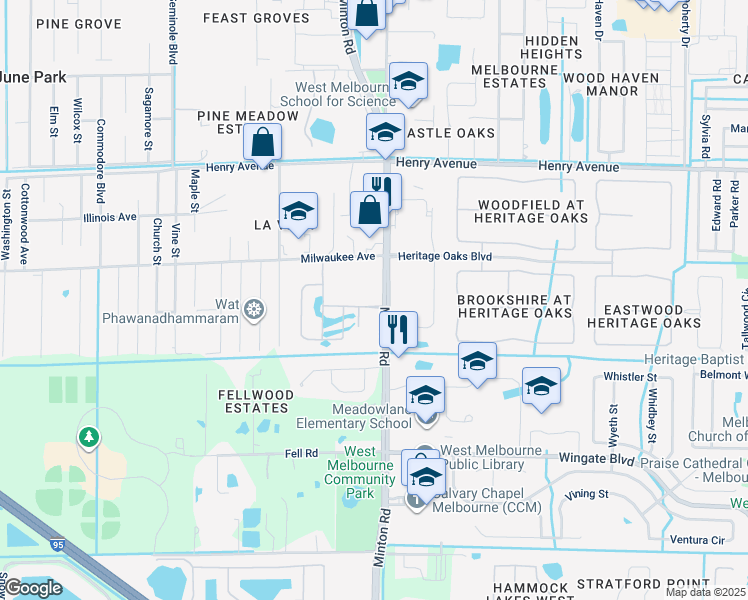 map of restaurants, bars, coffee shops, grocery stores, and more near 2590 Minton Road in Melbourne