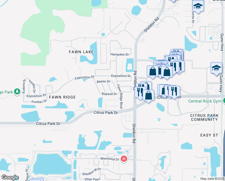 map of restaurants, bars, coffee shops, grocery stores, and more near 13303 Kearney Way in Tampa