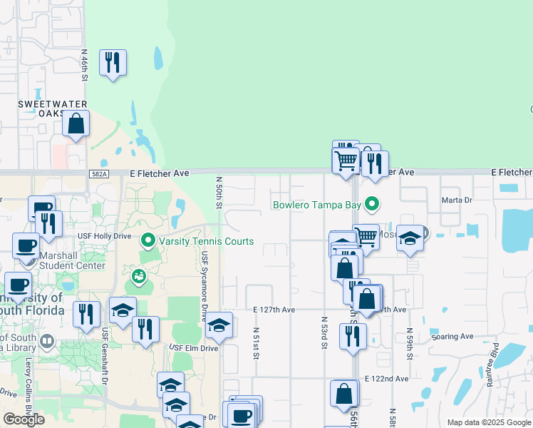 map of restaurants, bars, coffee shops, grocery stores, and more near 5113 Excellence Boulevard in Tampa