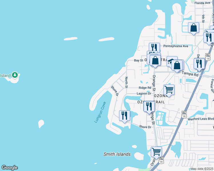 map of restaurants, bars, coffee shops, grocery stores, and more near 132 Harbor Drive in Palm Harbor