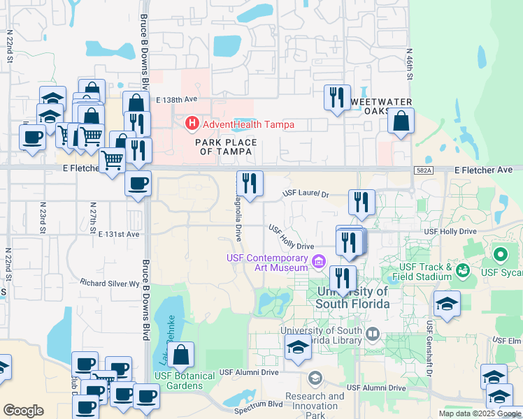 map of restaurants, bars, coffee shops, grocery stores, and more near 13330 USF Laurel Drive in Tampa