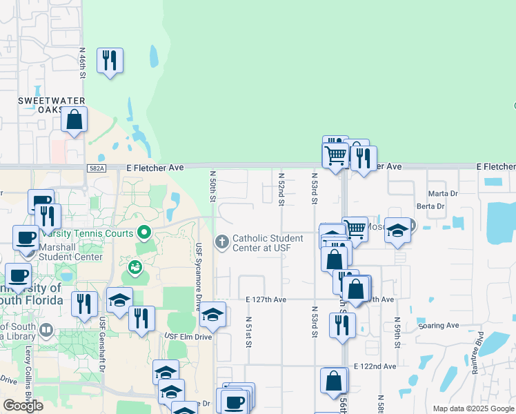 map of restaurants, bars, coffee shops, grocery stores, and more near 5113 Excellence Boulevard in Tampa