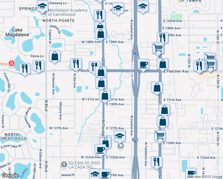 map of restaurants, bars, coffee shops, grocery stores, and more near 13119 North Florida Avenue in Tampa