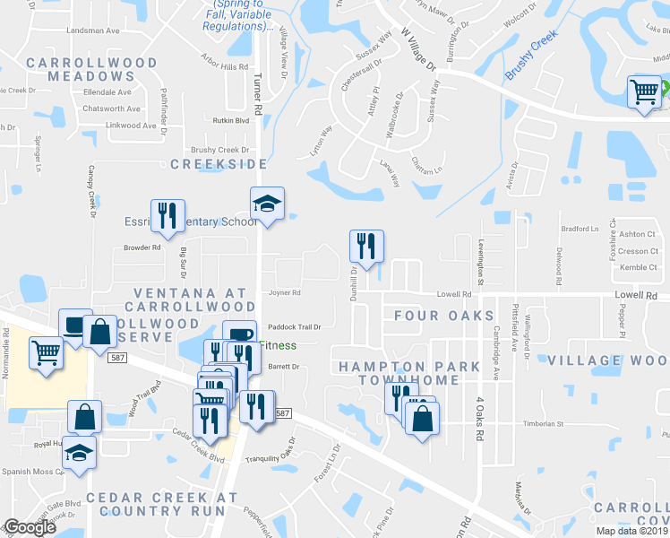 map of restaurants, bars, coffee shops, grocery stores, and more near 12808 Dunhill Drive in Tampa