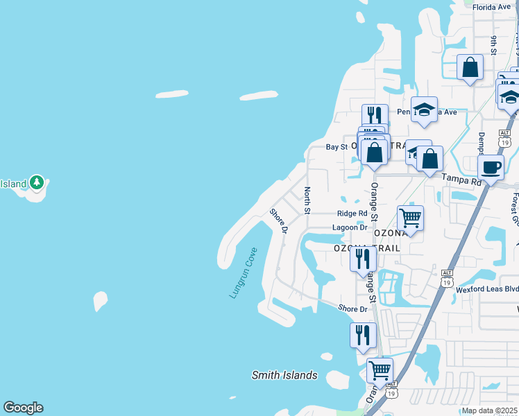 map of restaurants, bars, coffee shops, grocery stores, and more near 132 Harbor Drive in Palm Harbor
