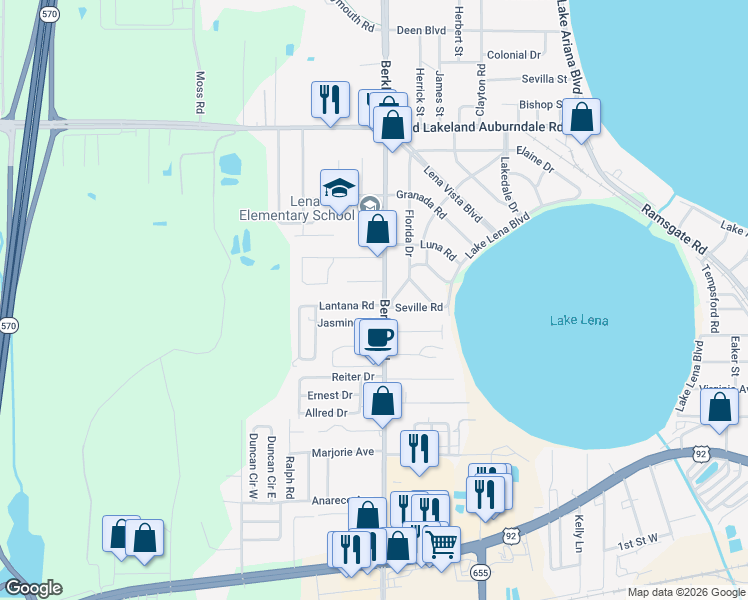 map of restaurants, bars, coffee shops, grocery stores, and more near in Auburndale