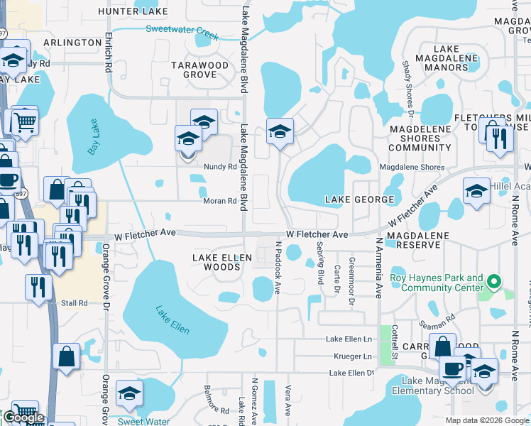 map of restaurants, bars, coffee shops, grocery stores, and more near 13211 Moran Drive in Tampa