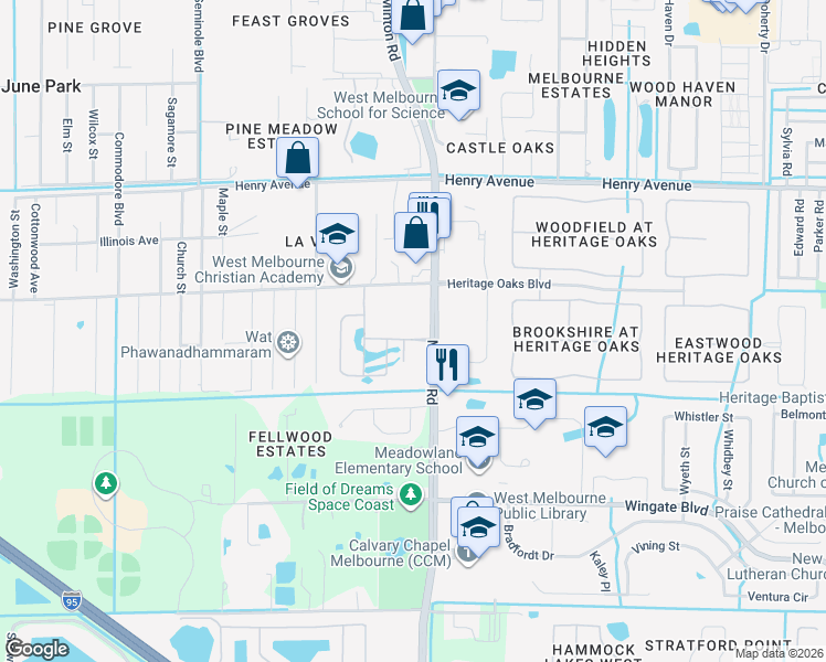 map of restaurants, bars, coffee shops, grocery stores, and more near 2590 Minton Road in Melbourne