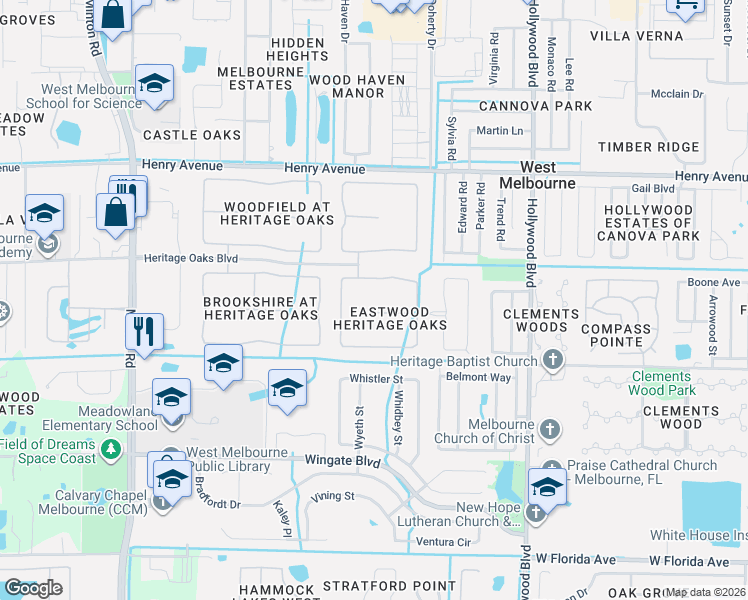 map of restaurants, bars, coffee shops, grocery stores, and more near 2282 Lune Court in West Melbourne