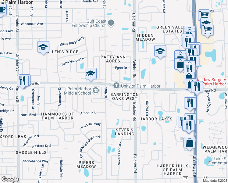 map of restaurants, bars, coffee shops, grocery stores, and more near 1960 Tampa Road in Palm Harbor