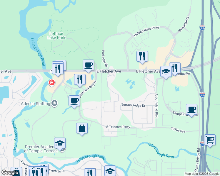 map of restaurants, bars, coffee shops, grocery stores, and more near 13223 Sanctuary Cove Drive in Temple Terrace