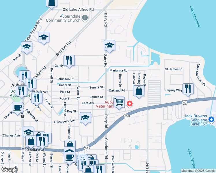map of restaurants, bars, coffee shops, grocery stores, and more near 201 Pinehurst Drive in Auburndale