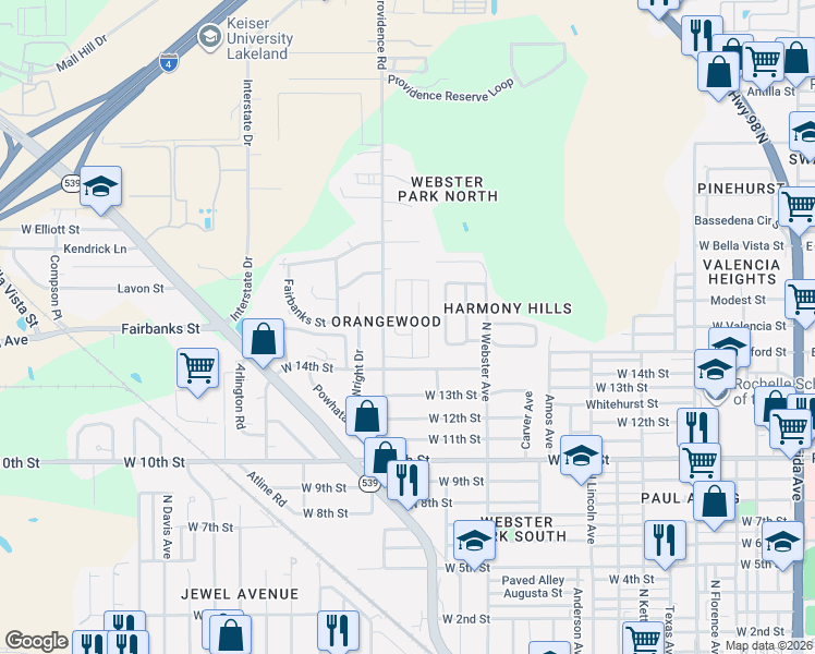 map of restaurants, bars, coffee shops, grocery stores, and more near 1161 Blossom Circle South in Lakeland