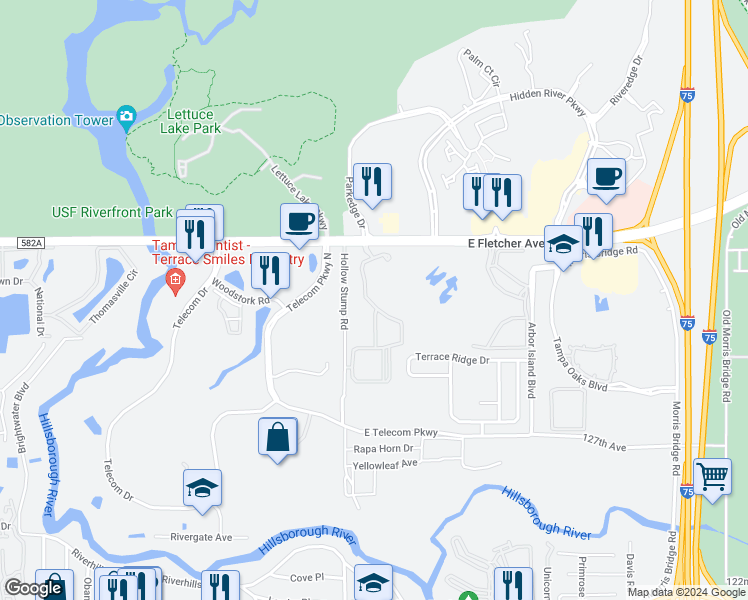 map of restaurants, bars, coffee shops, grocery stores, and more near 13225 Sanctuary Cove Drive in Temple Terrace