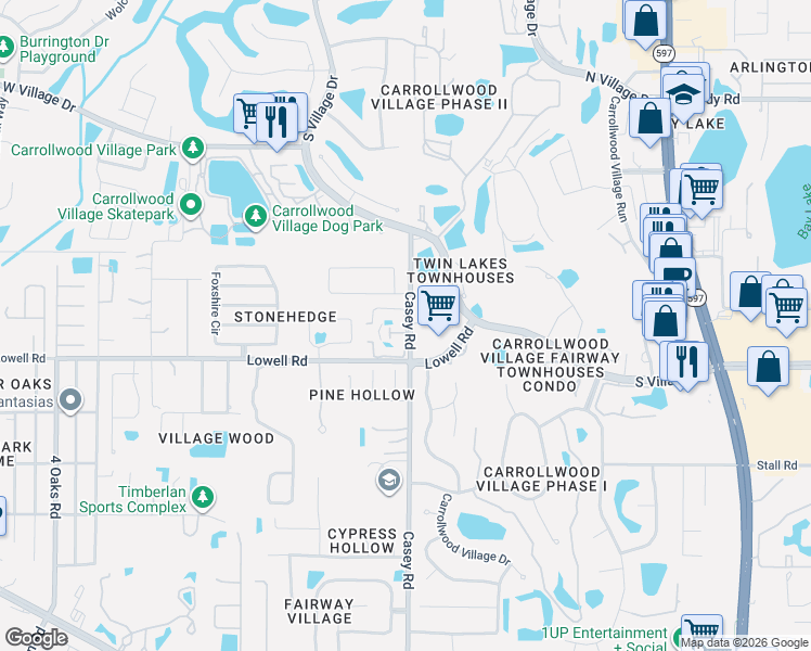 map of restaurants, bars, coffee shops, grocery stores, and more near 13345 Casey Road in Tampa