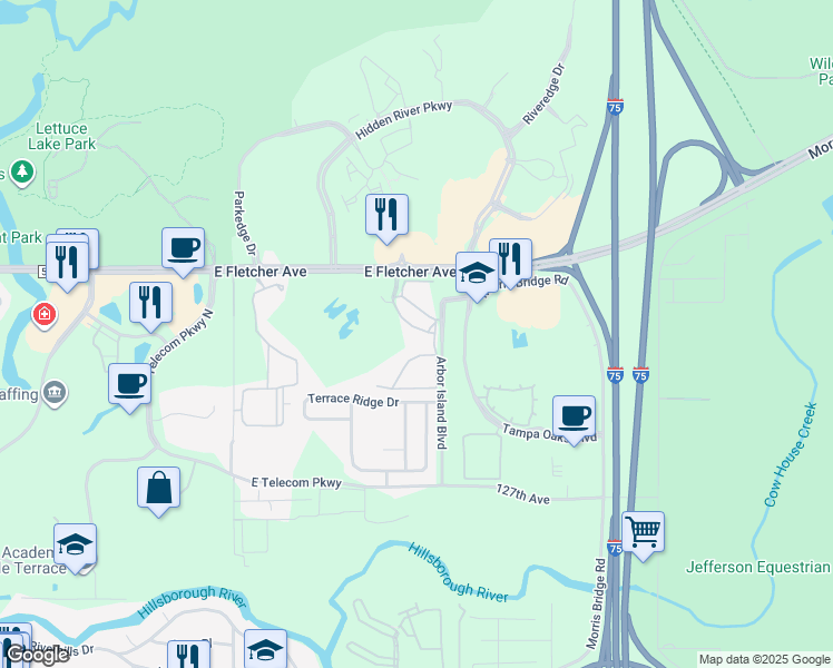 map of restaurants, bars, coffee shops, grocery stores, and more near 13210 Arbor Isle Drive in Temple Terrace
