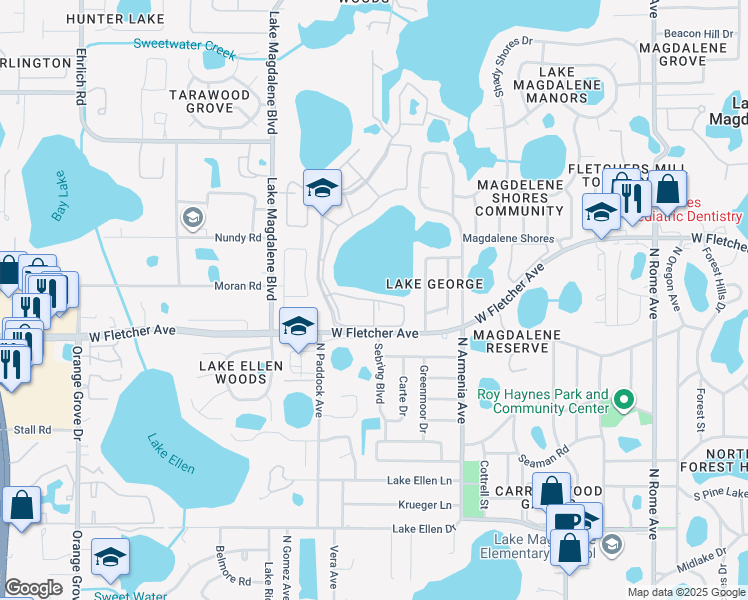map of restaurants, bars, coffee shops, grocery stores, and more near 13398 Orange Tree Lane in Tampa