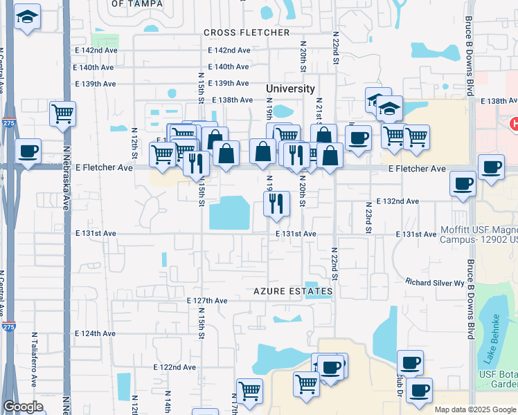 map of restaurants, bars, coffee shops, grocery stores, and more near 13169 131st Way in Tampa