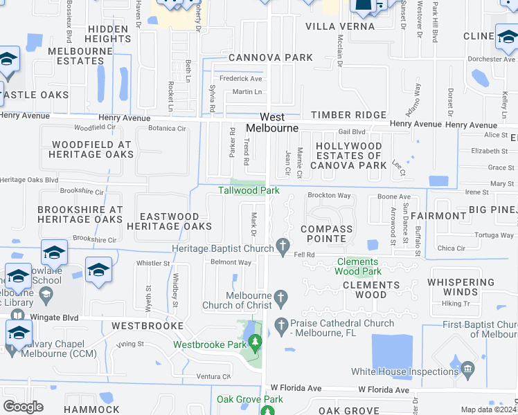 map of restaurants, bars, coffee shops, grocery stores, and more near 608 Mark Drive in Melbourne