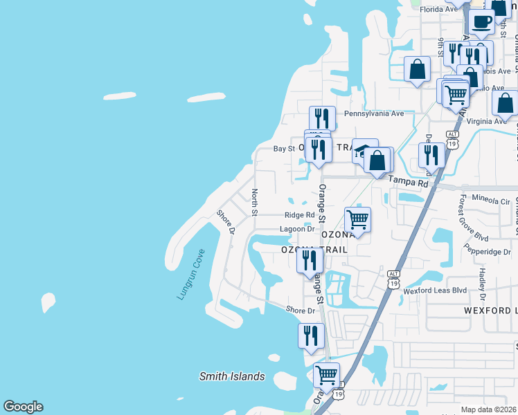 map of restaurants, bars, coffee shops, grocery stores, and more near 236 North Street in Palm Harbor