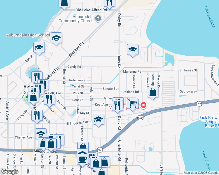 map of restaurants, bars, coffee shops, grocery stores, and more near 402 Senate Street in Auburndale