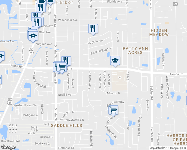 map of restaurants, bars, coffee shops, grocery stores, and more near 173 Foxcroft Drive East in Palm Harbor