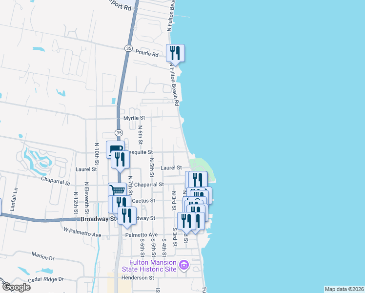 map of restaurants, bars, coffee shops, grocery stores, and more near 412 North Fulton Beach Road in Fulton
