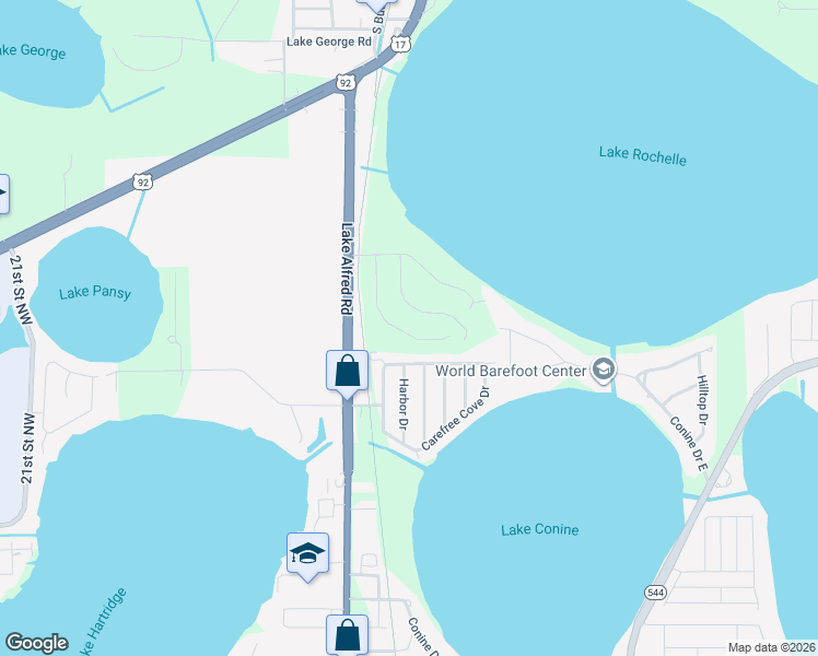 map of restaurants, bars, coffee shops, grocery stores, and more near 1005 Carefree Cove Drive in Winter Haven