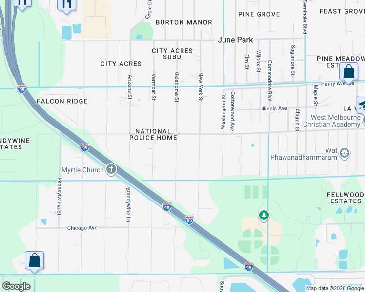 map of restaurants, bars, coffee shops, grocery stores, and more near 2591 Oklahoma Street in Melbourne