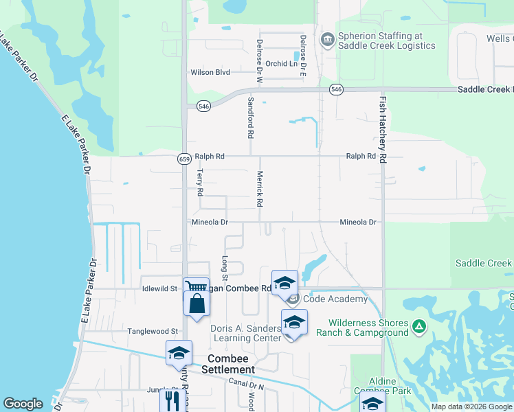 map of restaurants, bars, coffee shops, grocery stores, and more near 1624 Merrick Road in Lakeland