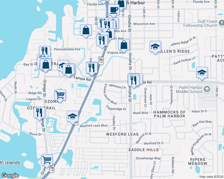 map of restaurants, bars, coffee shops, grocery stores, and more near 1041 Persimmon Drive in Palm Harbor
