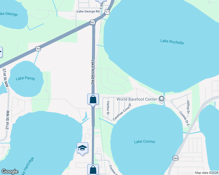 map of restaurants, bars, coffee shops, grocery stores, and more near 1005 Carefree Cove Drive in Winter Haven