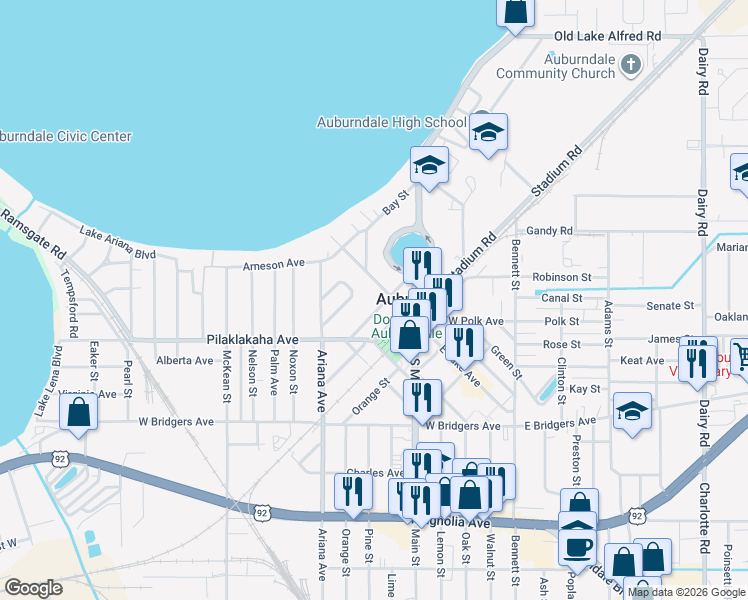 map of restaurants, bars, coffee shops, grocery stores, and more near 116 Shelby Street in Auburndale