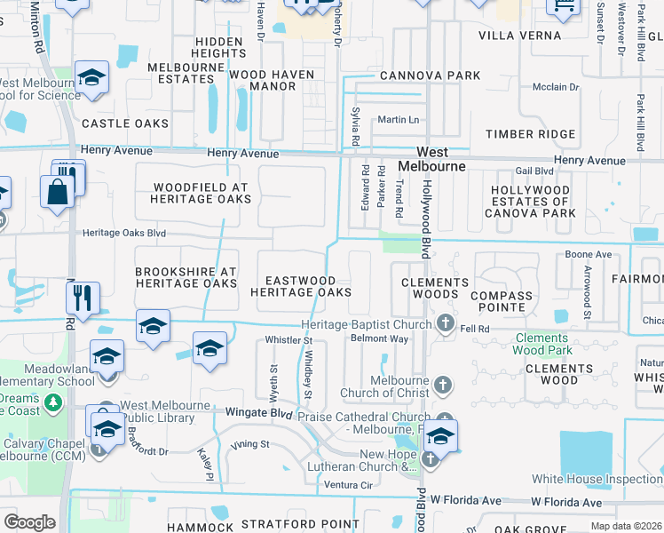 map of restaurants, bars, coffee shops, grocery stores, and more near 2128 Maeve Circle in West Melbourne