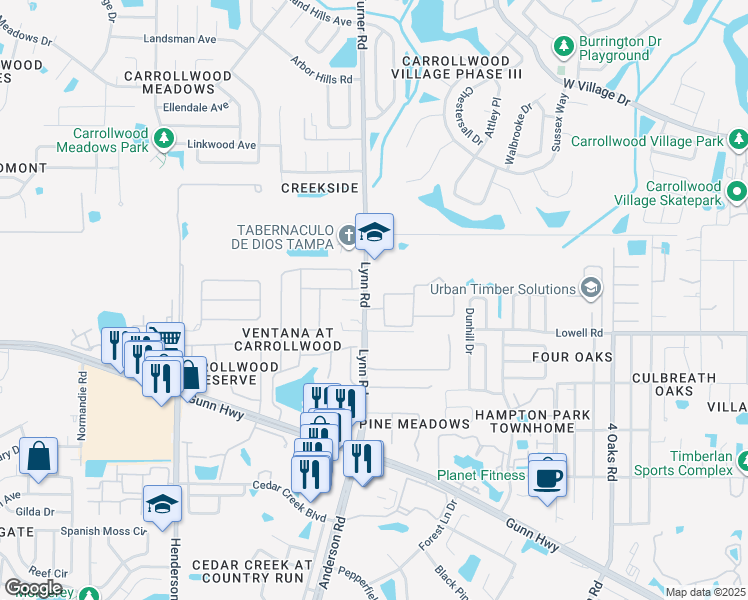 map of restaurants, bars, coffee shops, grocery stores, and more near 13106 Lynn Road in Tampa