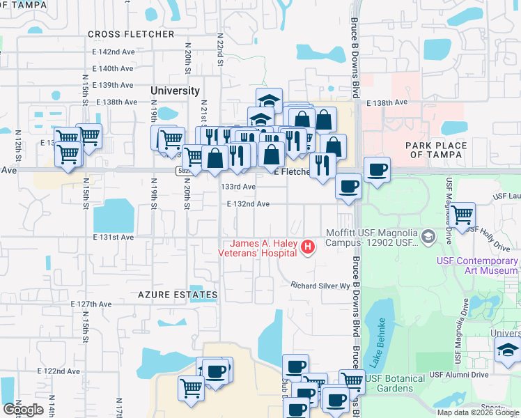 map of restaurants, bars, coffee shops, grocery stores, and more near 13119 North 23rd Street in Tampa