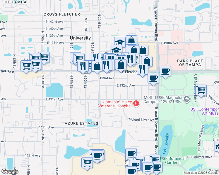 map of restaurants, bars, coffee shops, grocery stores, and more near 13119 North 23rd Street in Tampa