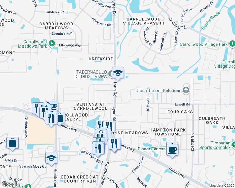 map of restaurants, bars, coffee shops, grocery stores, and more near 13106 Lynn Road in Tampa