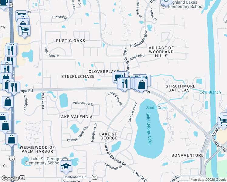 map of restaurants, bars, coffee shops, grocery stores, and more near 3963 Orchard Hill Circle in Palm Harbor