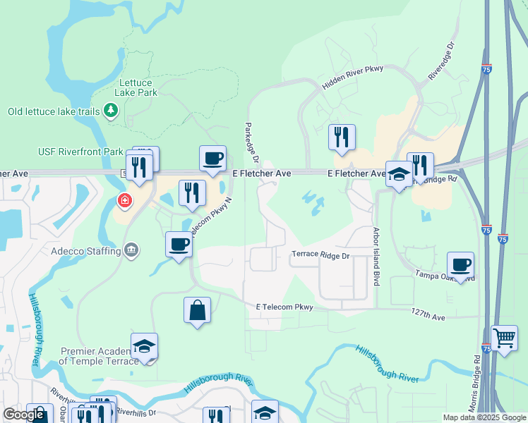 map of restaurants, bars, coffee shops, grocery stores, and more near 13225 Sanctuary Cove Drive in Temple Terrace