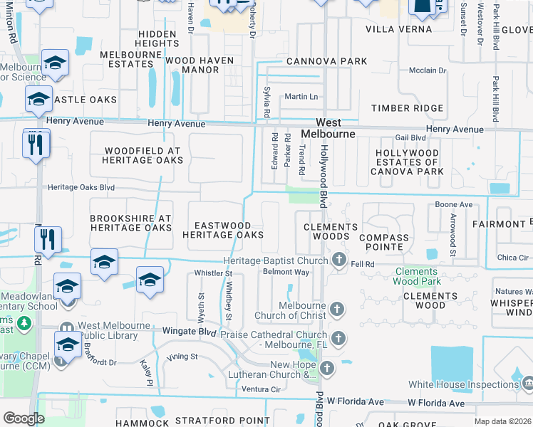 map of restaurants, bars, coffee shops, grocery stores, and more near 1991 Lune Court in West Melbourne