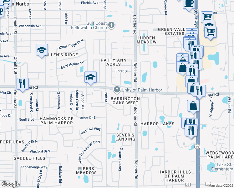 map of restaurants, bars, coffee shops, grocery stores, and more near 1960 Tampa Road in Palm Harbor