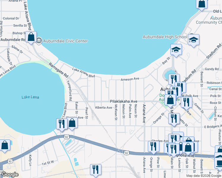 map of restaurants, bars, coffee shops, grocery stores, and more near 110 Davis Street in Auburndale